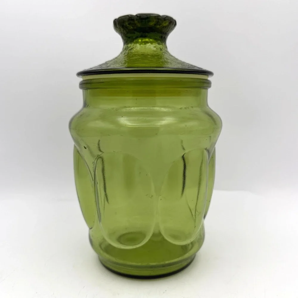 Vintage 1970s LE Smith Green Bubble Glass Apothecary Jar Canister with Lid 8